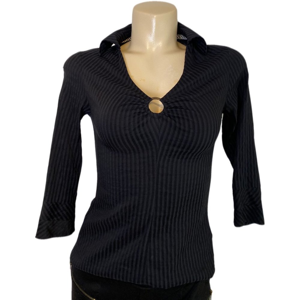 Black Pinstripe Blouse with 3/4 Sleeves
